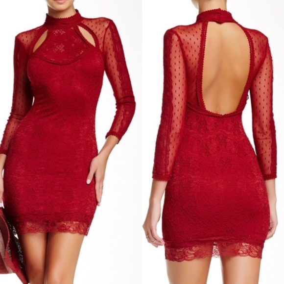 Free People Red Lace Long Sleeve Mini Dress Size M - Picture 1 of 5